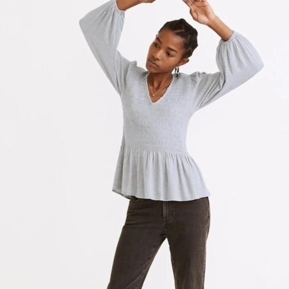 New Madewell Lucie V Neck Smocked Peplum Top Wool Gauze NC778 - Picture 1 of 9